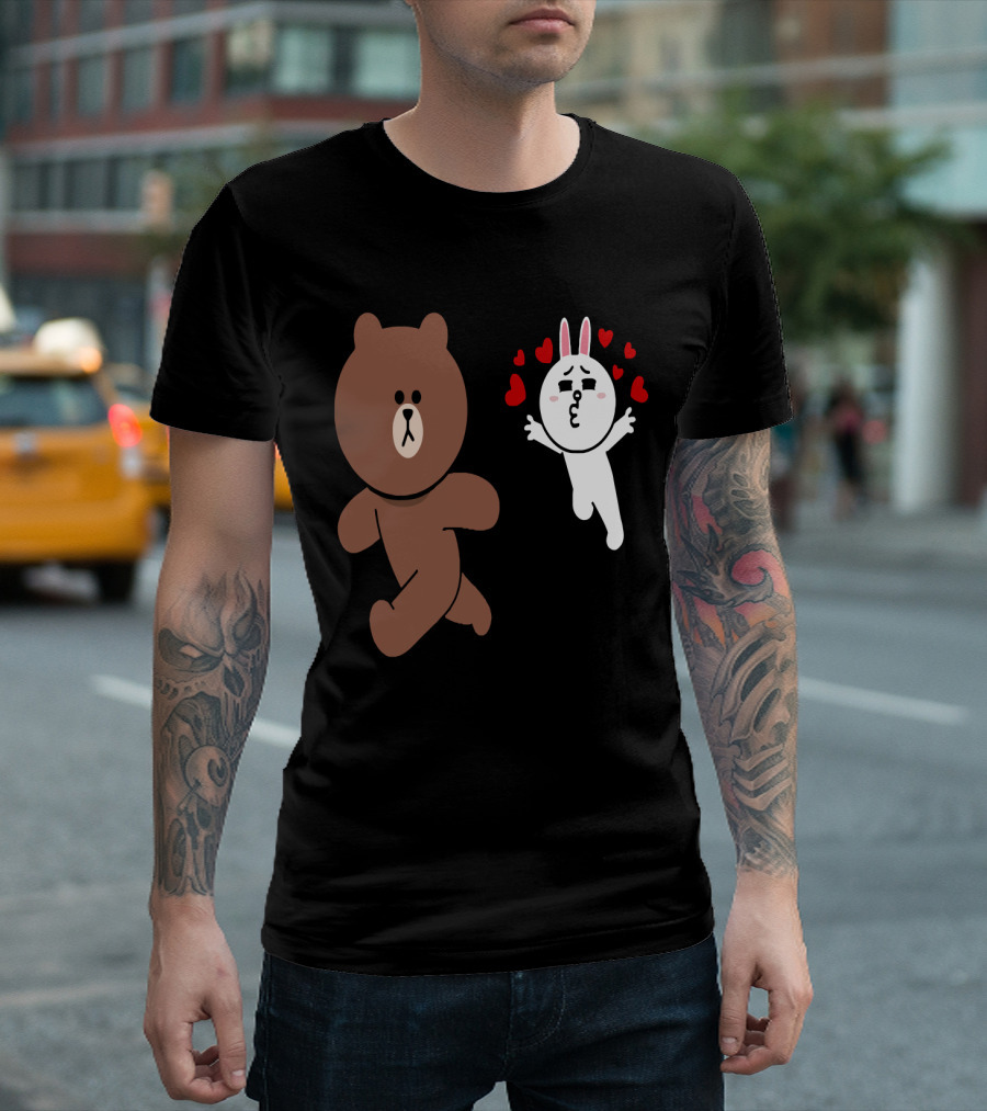 Cute Brown Bear Cony Bunny Rabbit Love Hearts Chase Valentine's Day Run T-Shirt