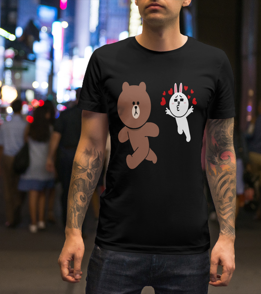 Cute Brown Bear Cony Bunny Rabbit Love Hearts Chase Valentine's Day Run T-Shirt
