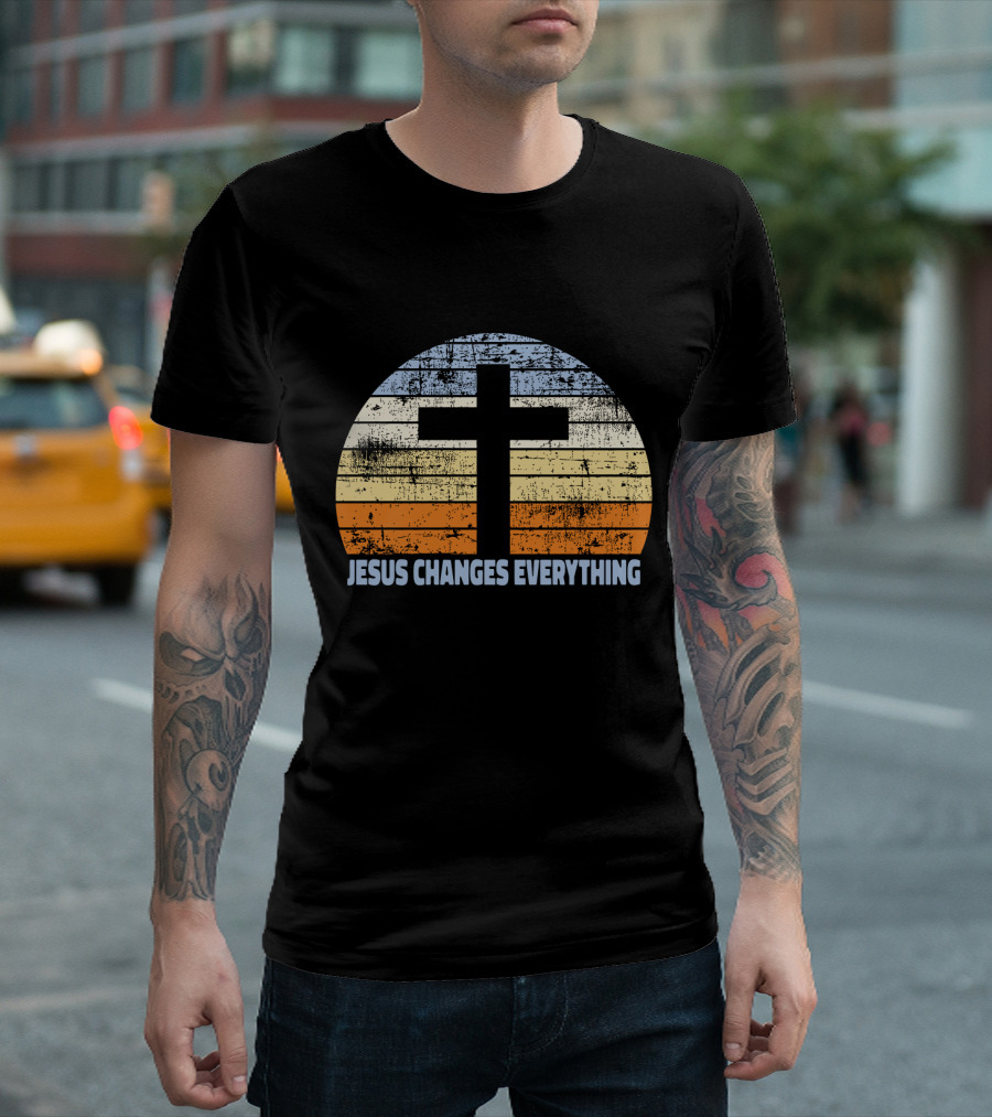 Faith Cross Jesus Changes Everything Vintage Christian Retro Sunset T-Shirt