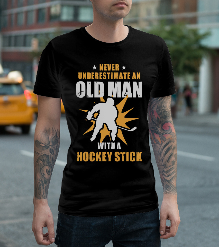 Never Underestimate An Old Man With A Hockey Stick Silhouette Starburst T-Shirt