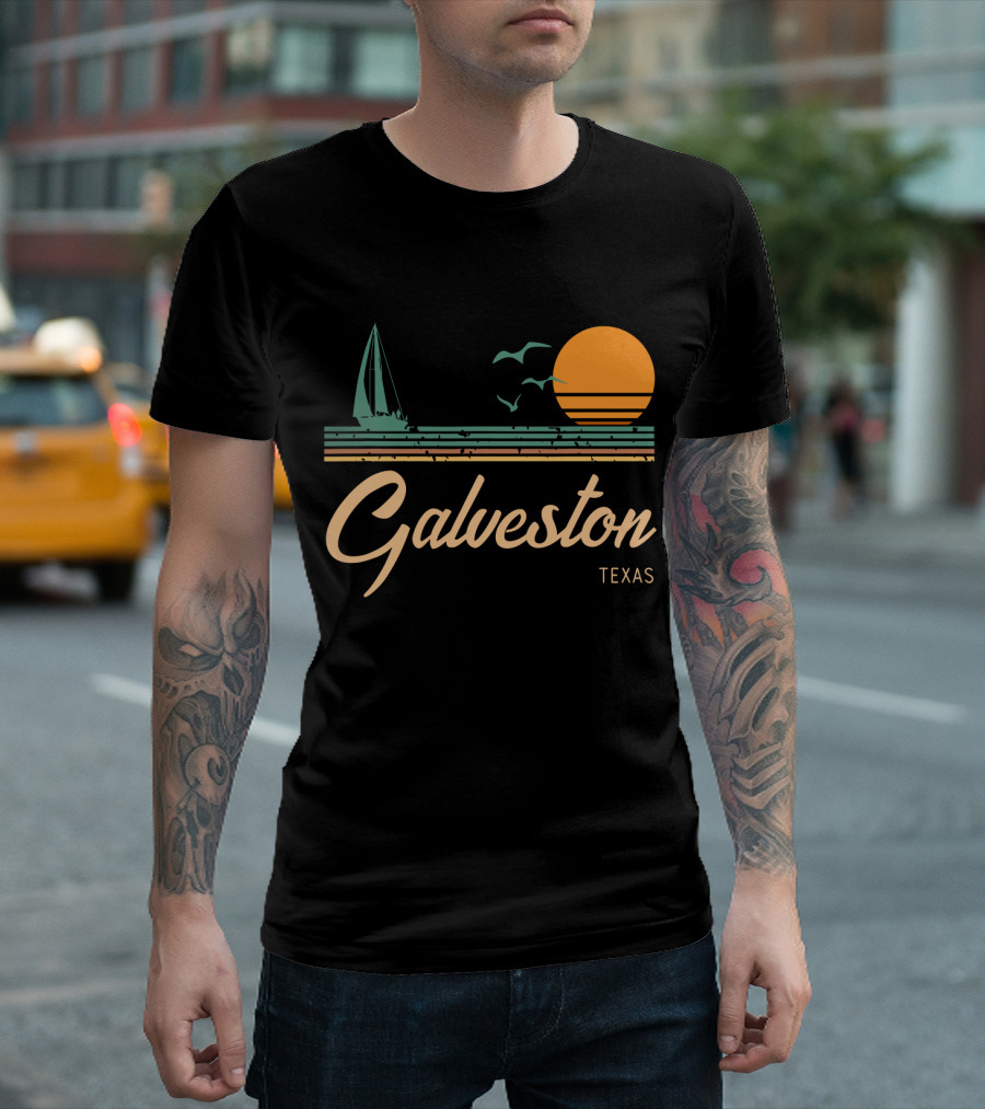 Vintage Galveston Texas Sailboat And Sunset Scene T-Shirt