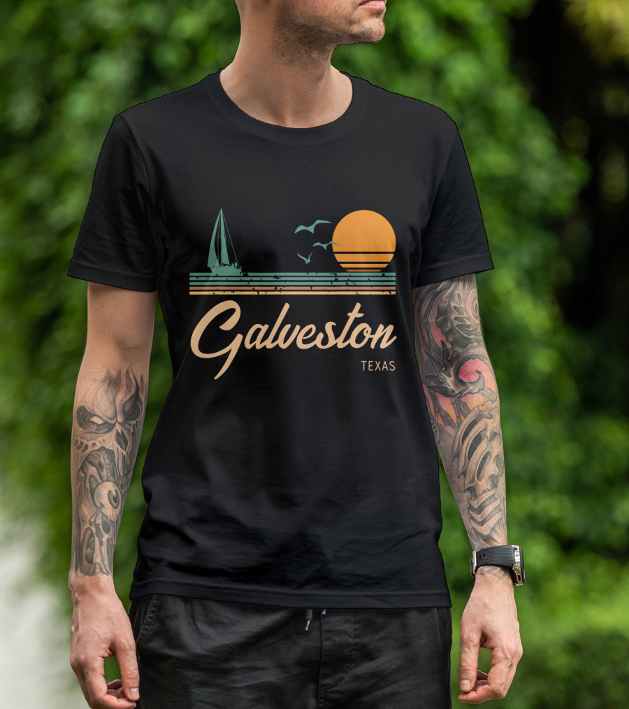 Vintage Galveston Texas Sailboat And Sunset Scene T-Shirt
