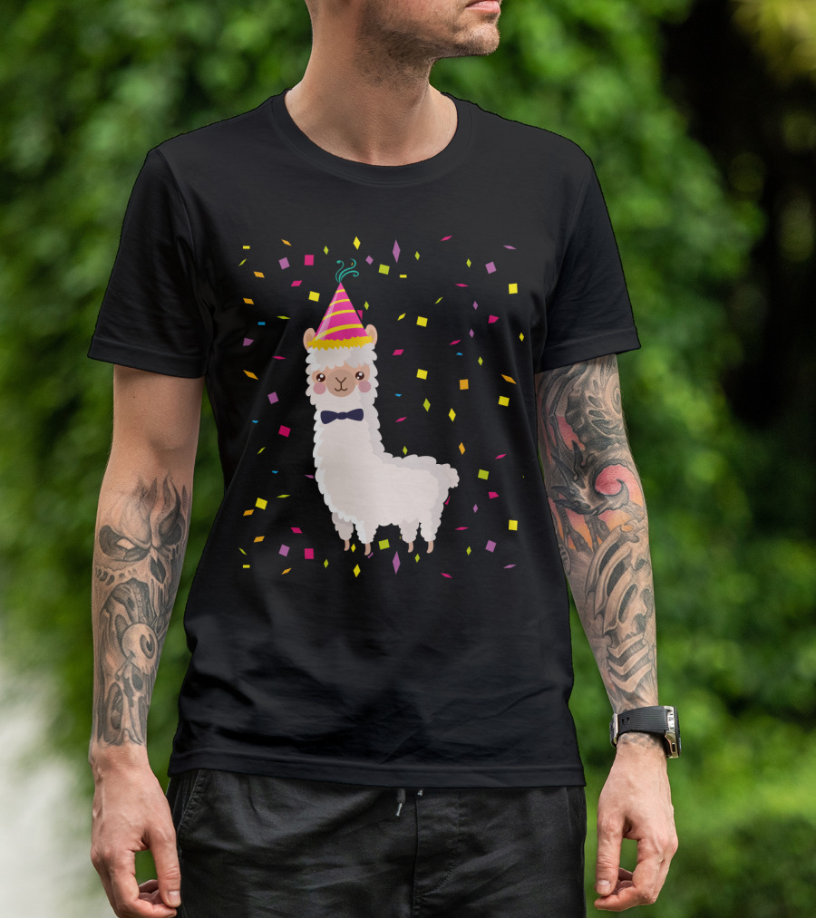 Funny Alpaca Birthday Party Celebration With Confetti T-Shirt