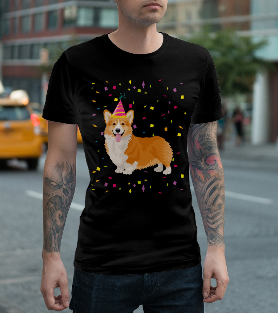 Welsh Corgi Birthday Party with Confetti and Party Hat T-Shirt
