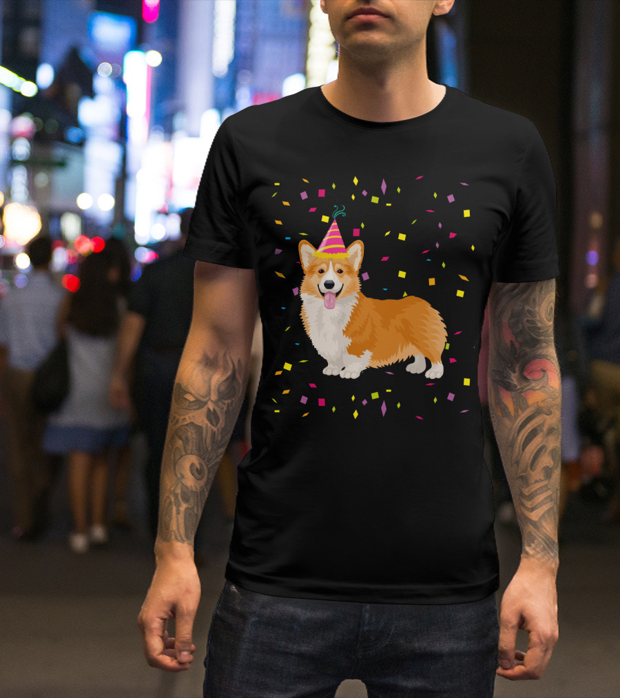 Welsh Corgi Birthday Party With Confetti And Party Hat T-Shirt