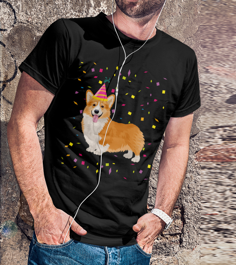 Welsh Corgi Birthday Party With Confetti And Party Hat T-Shirt