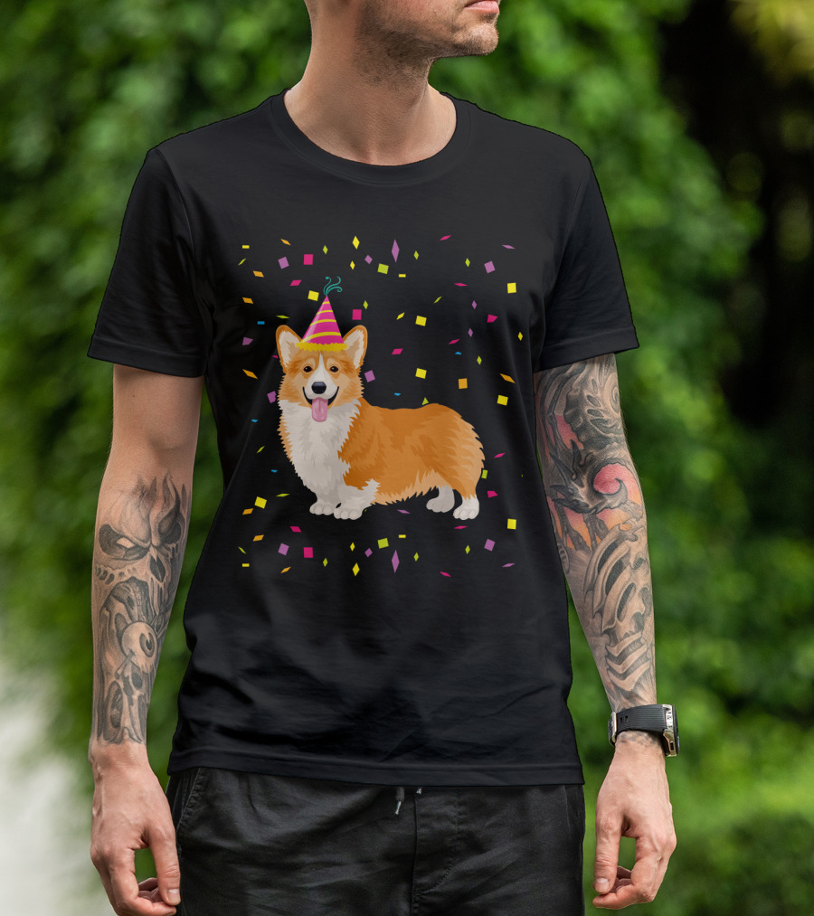 Welsh Corgi Birthday Party With Confetti And Party Hat T-Shirt