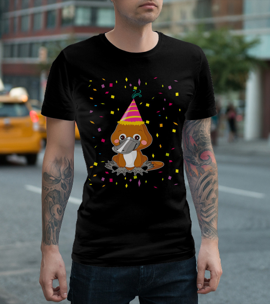 Funny Platypus With Party Hat And Confetti Celebration Birthday T-Shirt