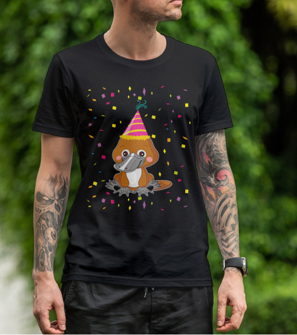 Funny Platypus With Party Hat And Confetti Celebration Birthday T-Shirt