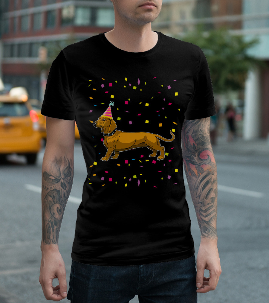 Funny Dachshund Birthday Party with Confetti and Party Hat T-Shirt