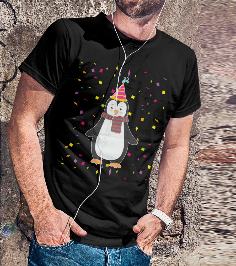 Funny Penguin Birthday Confetti Celebration With Party Hat And Scarf T-Shirt