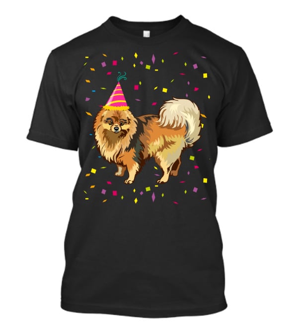 Pomeranian Birthday Party Funny Dog With Confetti And Party Hat T-Shirt