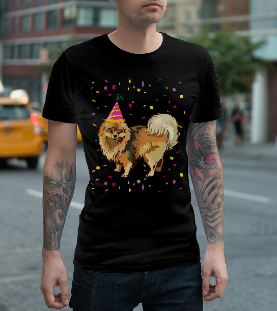 Pomeranian Birthday Party Funny Dog with Confetti and Party Hat T-Shirt