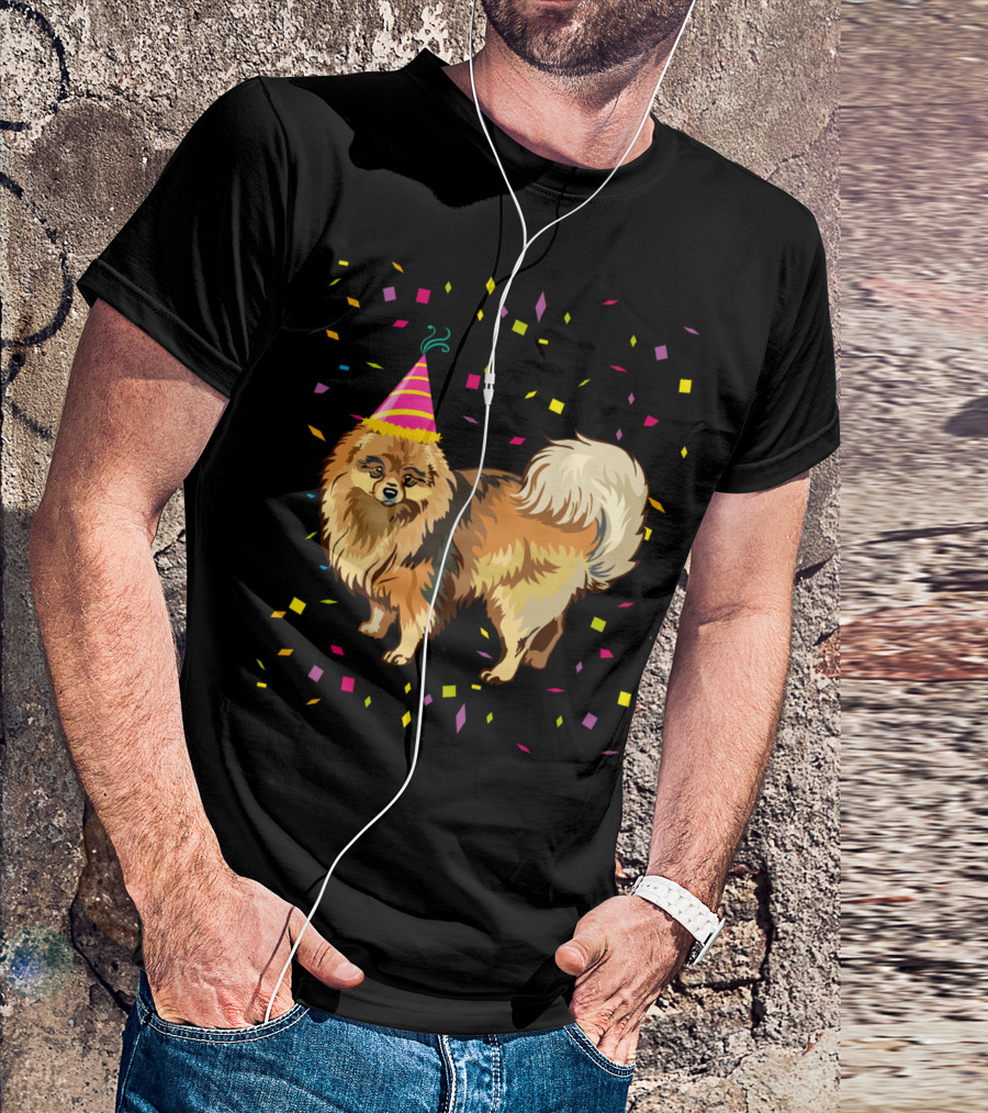 Pomeranian Birthday Party Funny Dog With Confetti And Party Hat T-Shirt
