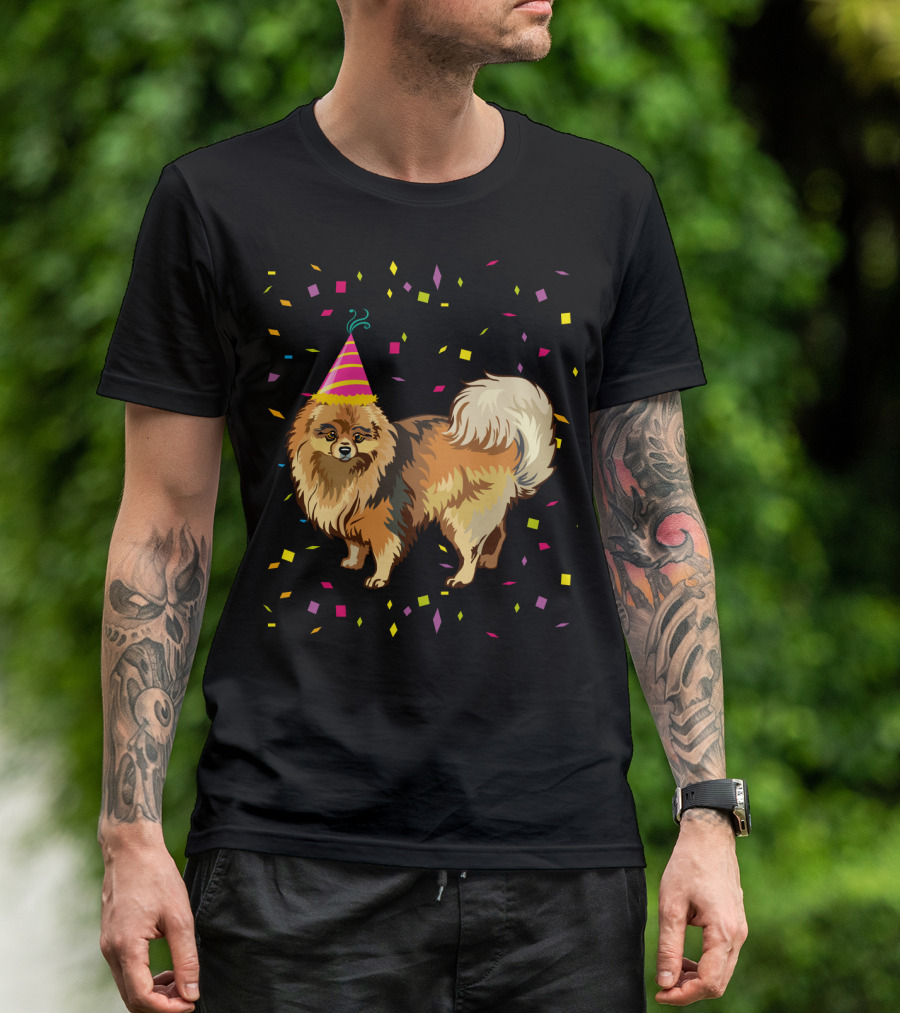 Pomeranian Birthday Party Funny Dog With Confetti And Party Hat T-Shirt