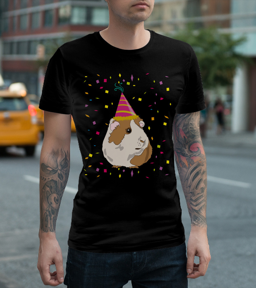 Funny Guinea Pig Birthday Celebration with Party Hat and Confetti T-Shirt