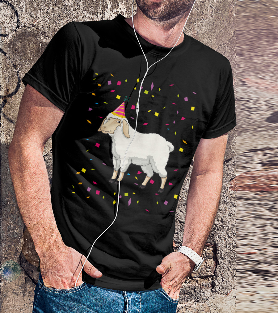 Funny Birthday Sheep With Party Hat And Confetti T-Shirt