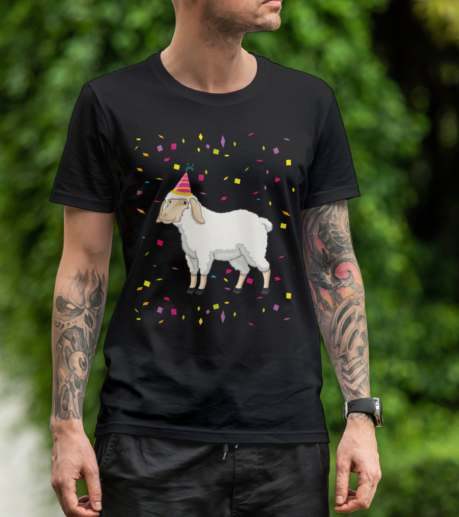 Funny Birthday Sheep With Party Hat And Confetti T-Shirt