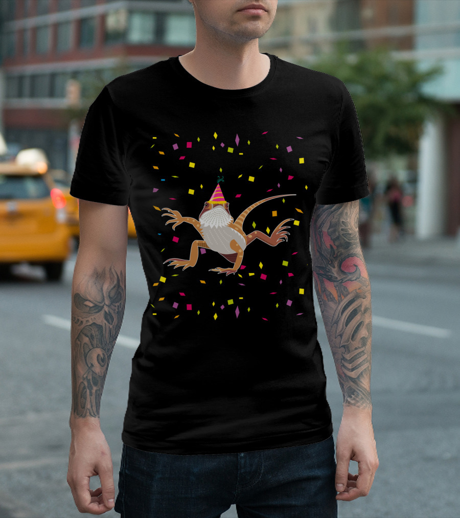 Colorful Confetti Party Hat Bearded Dragon Birthday T-Shirt