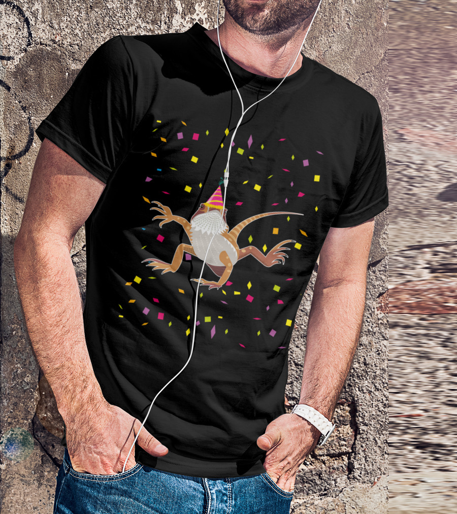 Colorful Confetti Party Hat Bearded Dragon Birthday T-Shirt