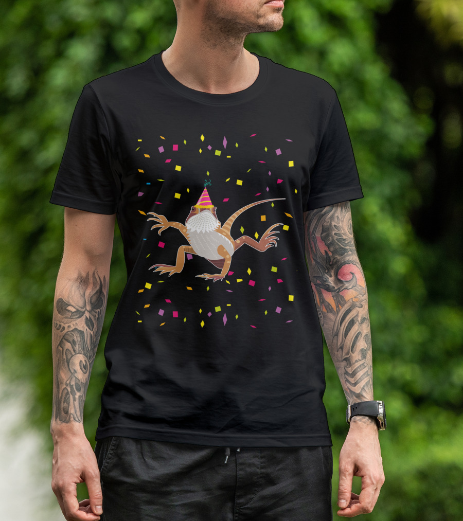Colorful Confetti Party Hat Bearded Dragon Birthday T-Shirt