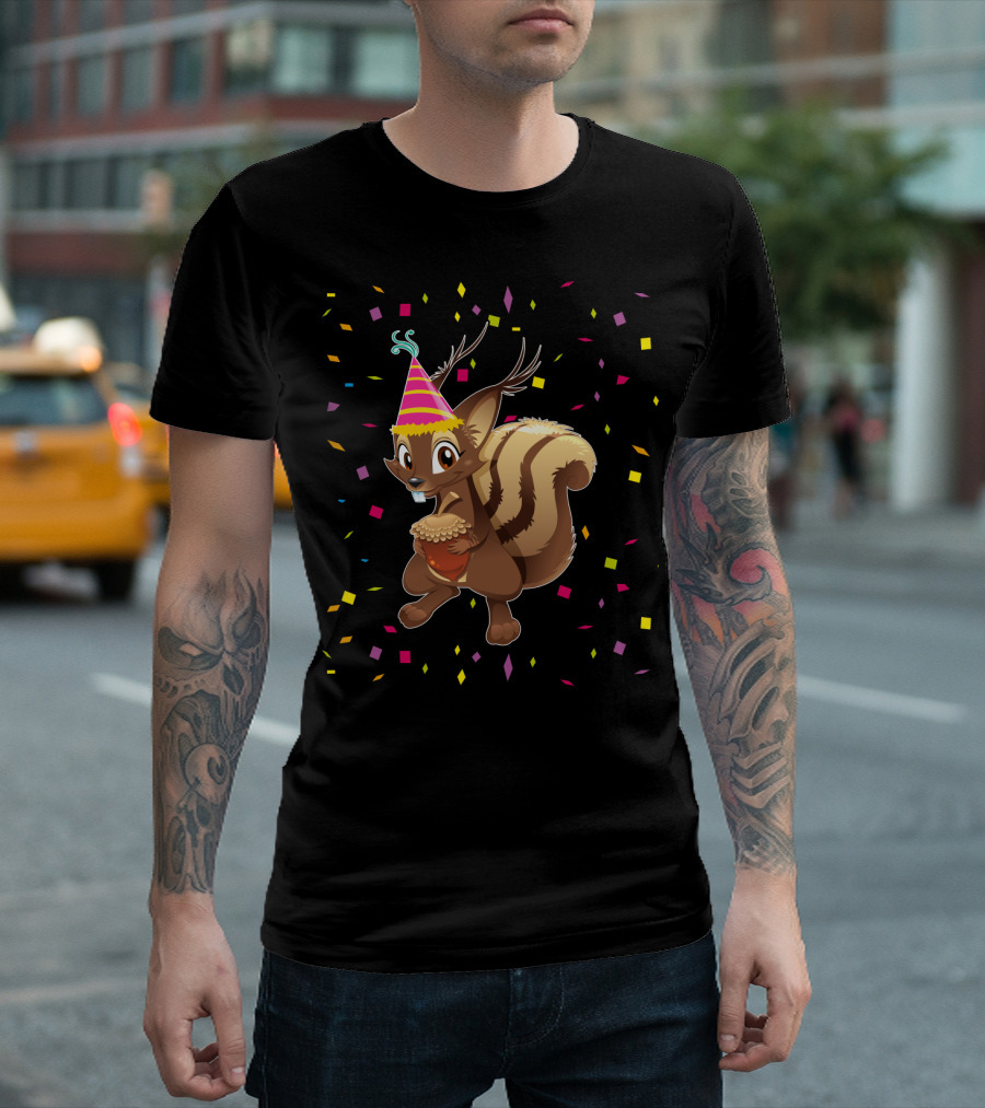 Funny Squirrel Party Hat Holding Acorn Birthday Confetti T-Shirt