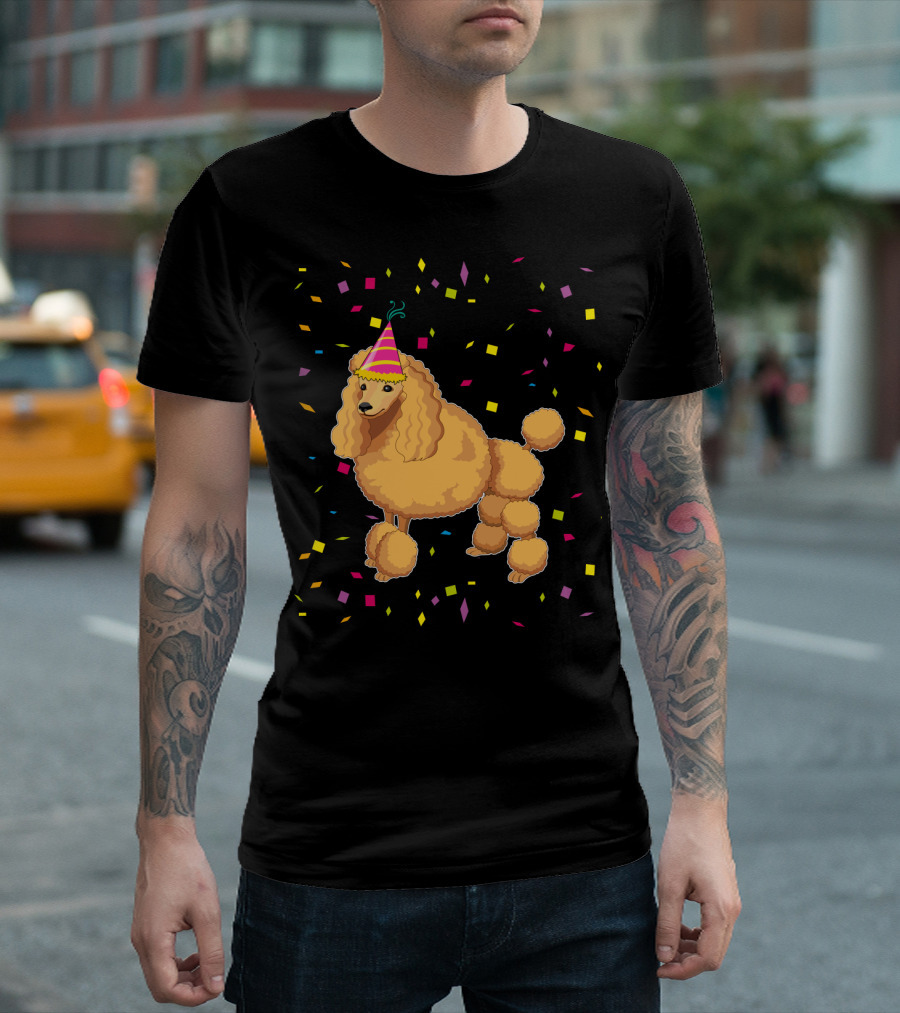 Funny Poodle Birthday Dog with Party Hat and Confetti T-Shirt