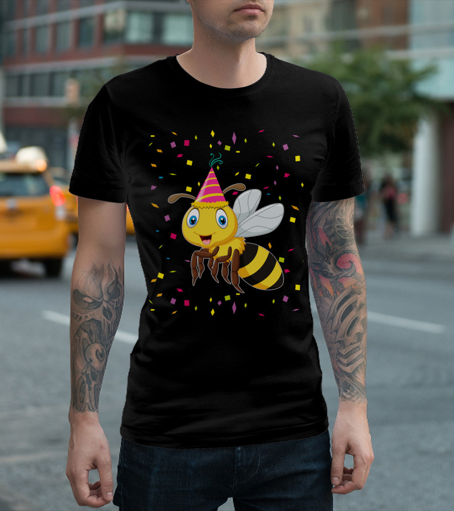 Funny Bee Birthday With Confetti and Party Hat T-Shirt