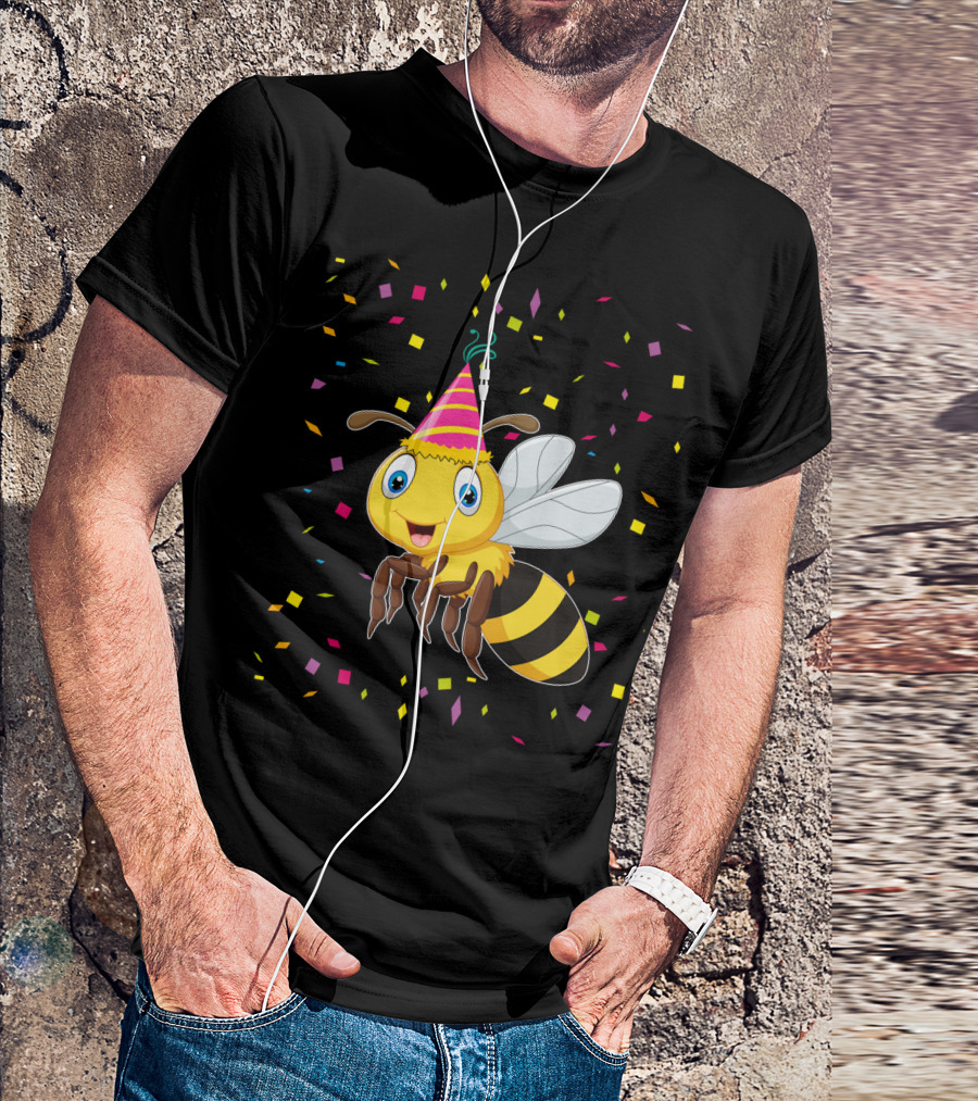 Funny Bee Birthday With Confetti And Party Hat T-Shirt