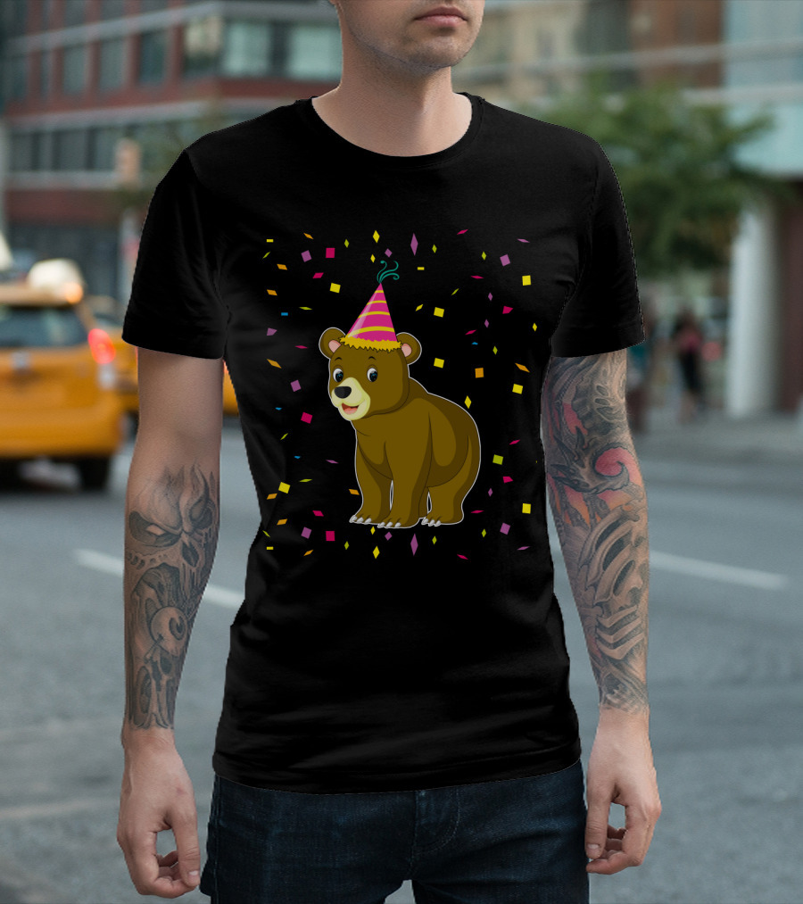 Funny Bear Birthday Party Hat Festive Confetti T-Shirt
