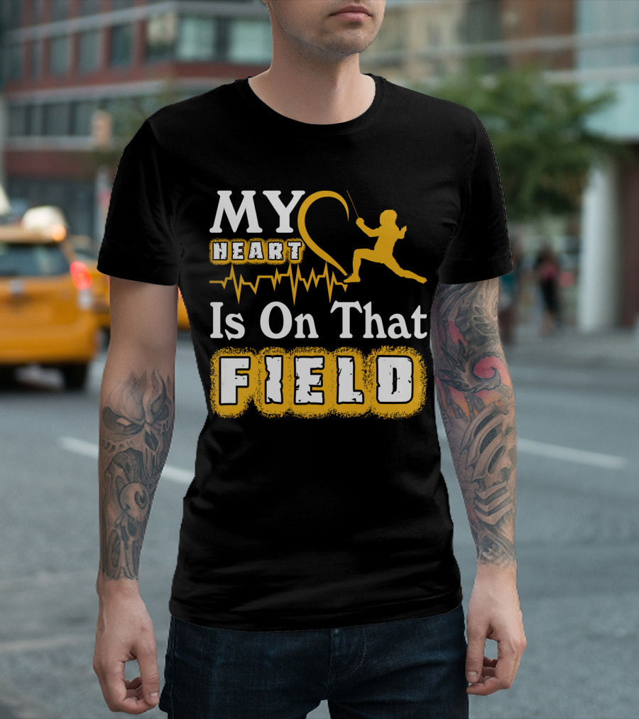 My Heart Is On That Field Fencing Silhouette with Heartbeat Line T-Shirt