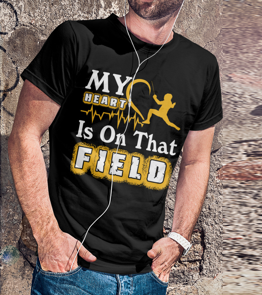 My Heart Is On That Field Fencing Silhouette With Heartbeat Line T-Shirt