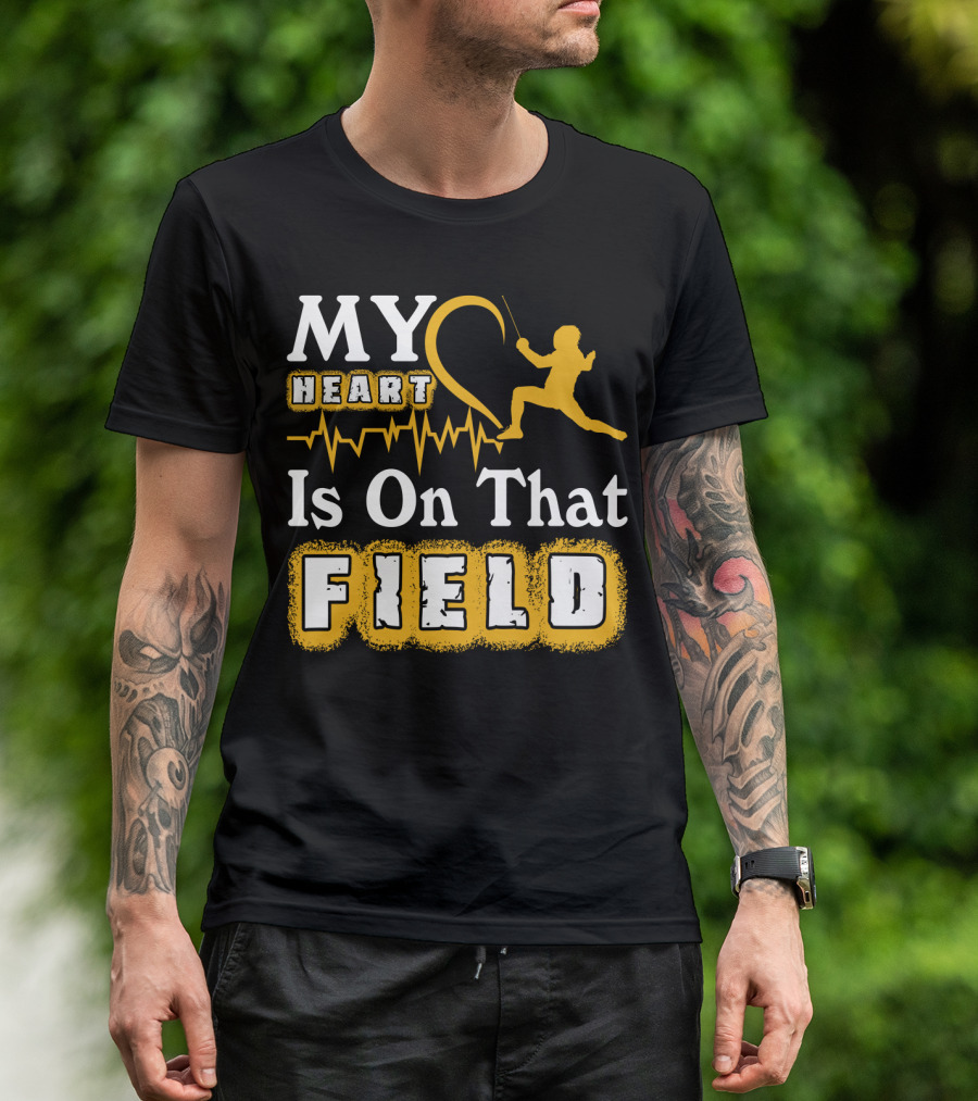My Heart Is On That Field Fencing Silhouette With Heartbeat Line T-Shirt