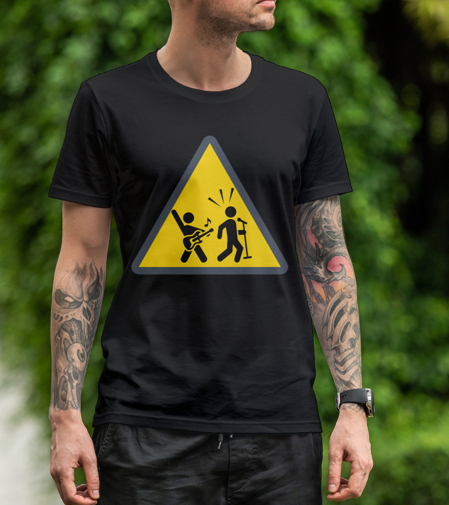 Rock Music Warning Sign Stick Figures Guitar And Microphone T-Shirt