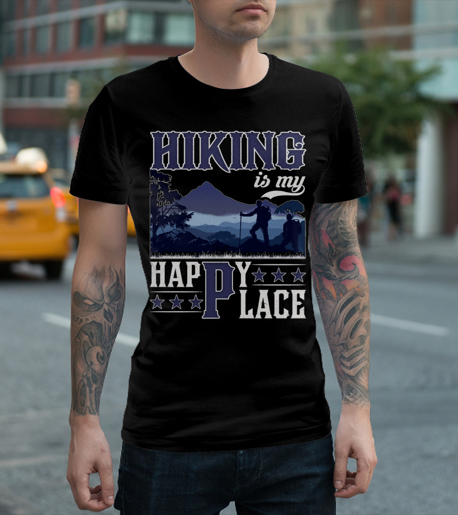 Hiking Is My Happy Place Mountain Silhouette Adventure T-Shirt
