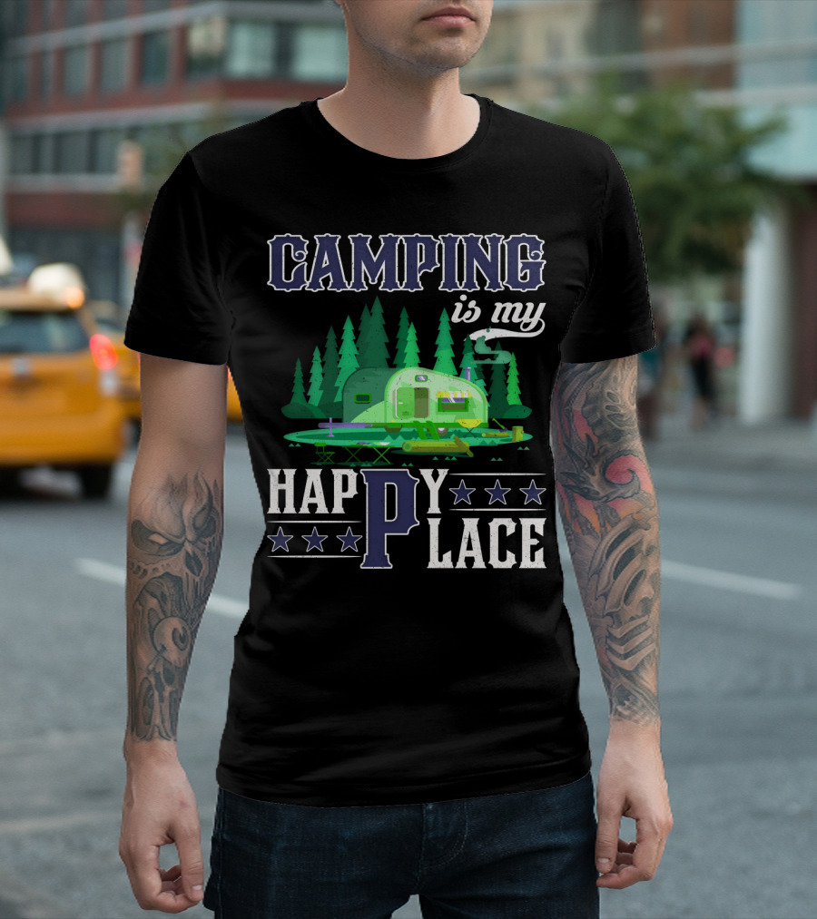 Camping Is My Happy Place Camper Forest Scene with Stars T-Shirt