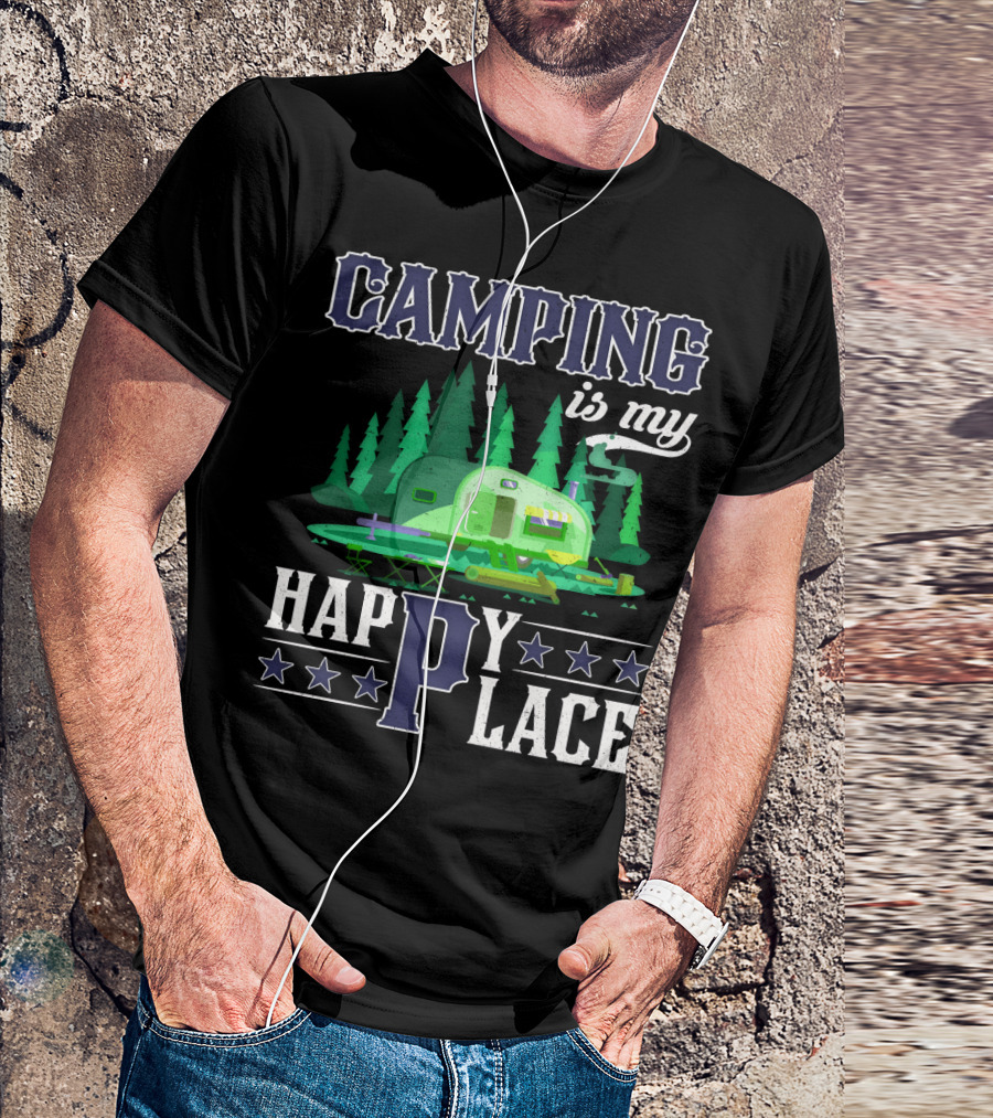 Camping Is My Happy Place Camper Forest Scene With Stars T-Shirt