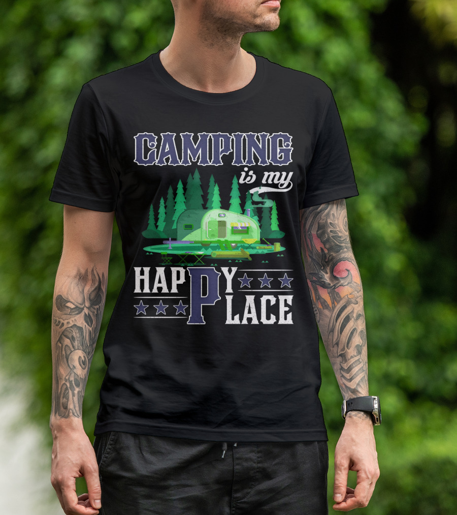 Camping Is My Happy Place Camper Forest Scene With Stars T-Shirt
