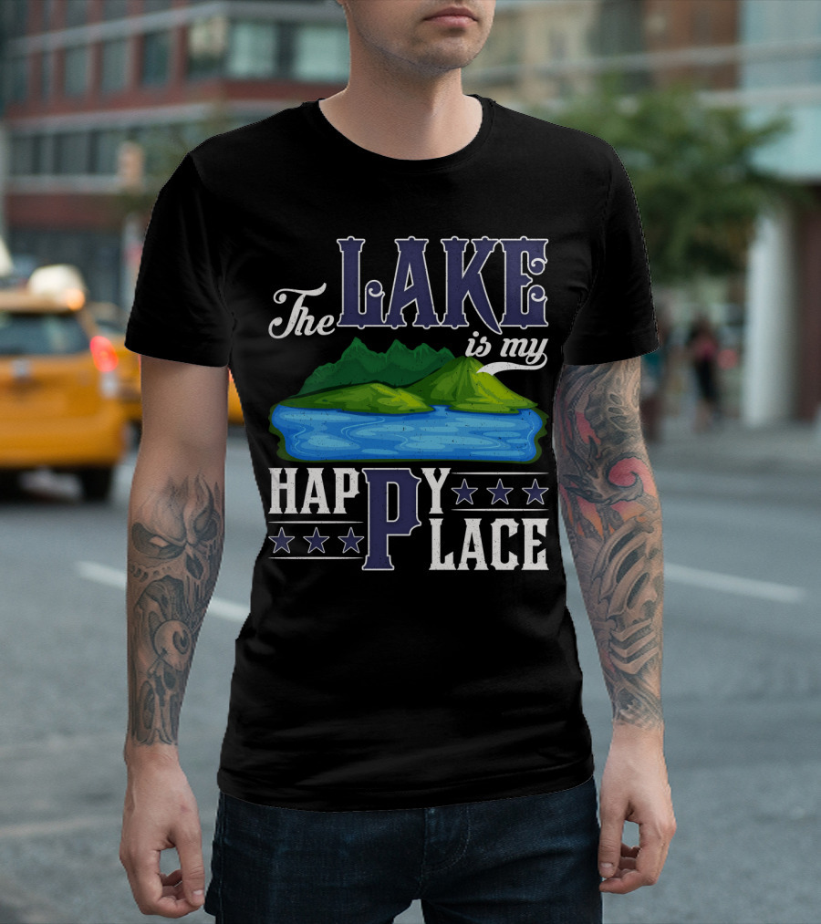 The Lake Is My Happy Place with Blue Water and Green Mountain Scene T-Shirt