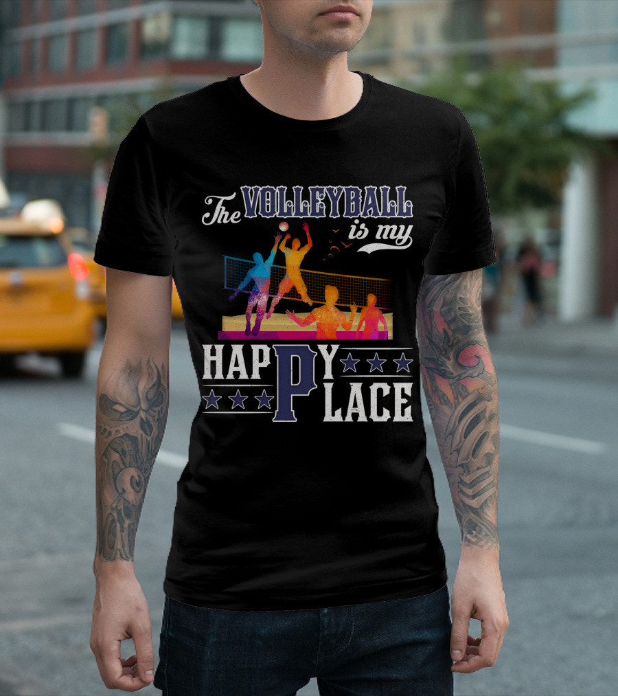 The Volleyball Is My Happy Place Colorful Players Action Scene T-Shirt