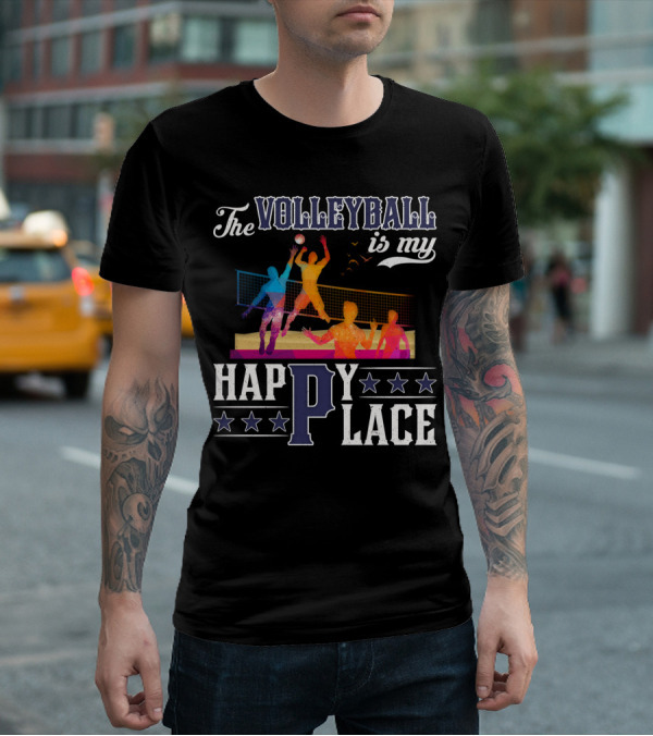 The Volleyball Is My Happy Place Colorful Players Action Scene T-Shirt