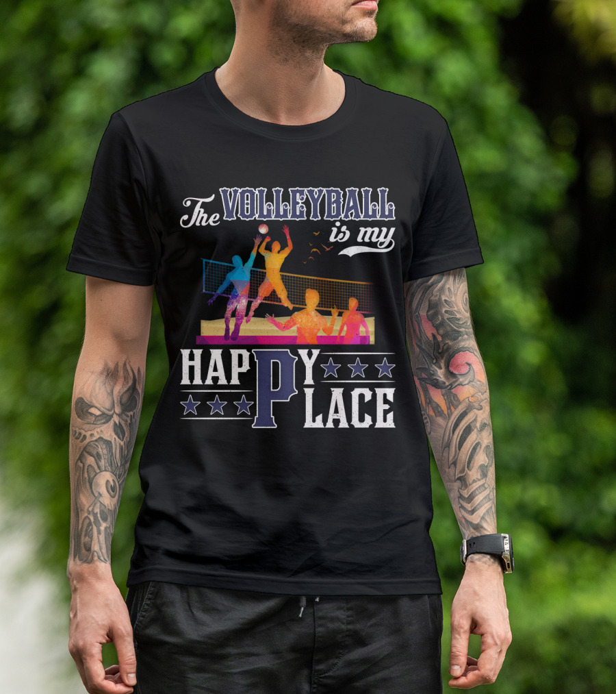 The Volleyball Is My Happy Place Colorful Players Action Scene T-Shirt