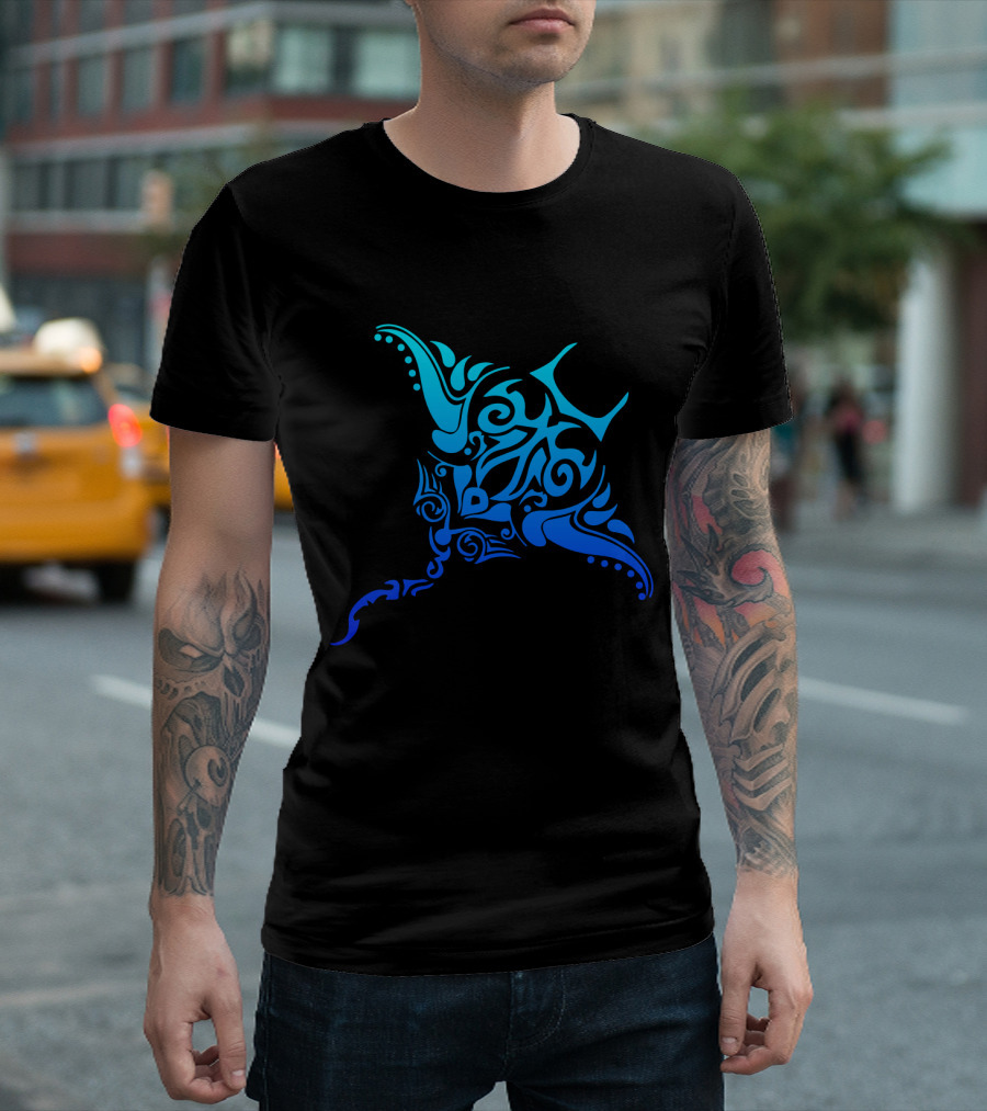 Hawaiian Tribal Stingray Polynesian Tattoo Style Blue T-Shirt