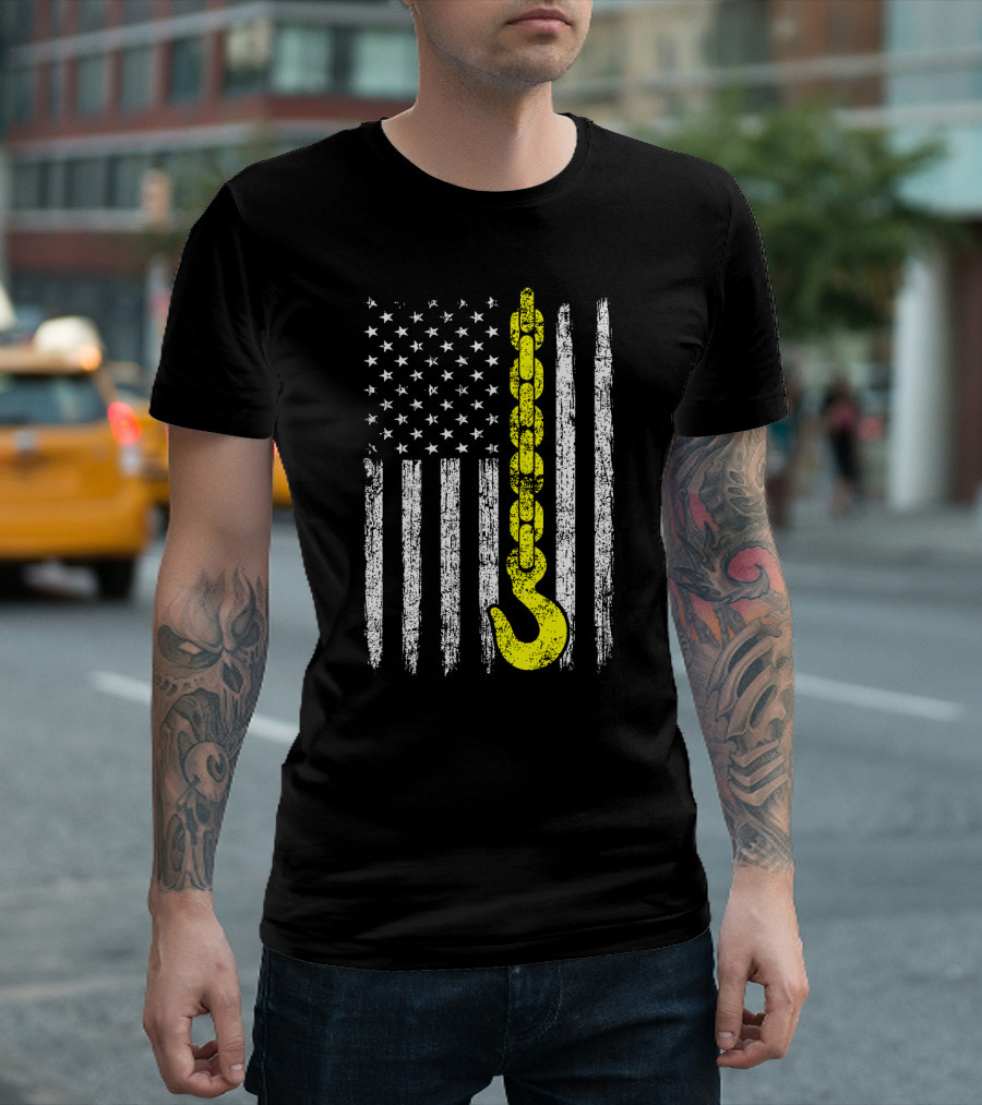 USA Flag Thin Yellow Line Tow Truck Hook T-Shirt
