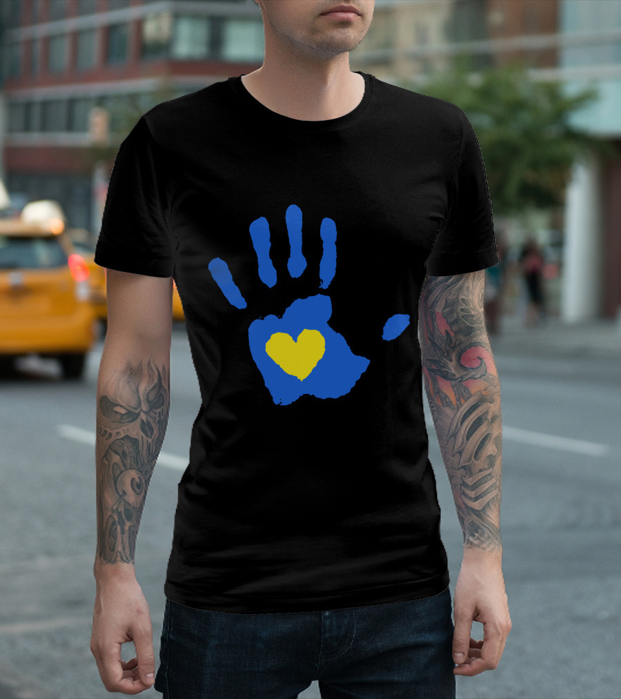 Hand Heart World Down Syndrome Awareness Day Blue Yellow Handprint T-Shirt