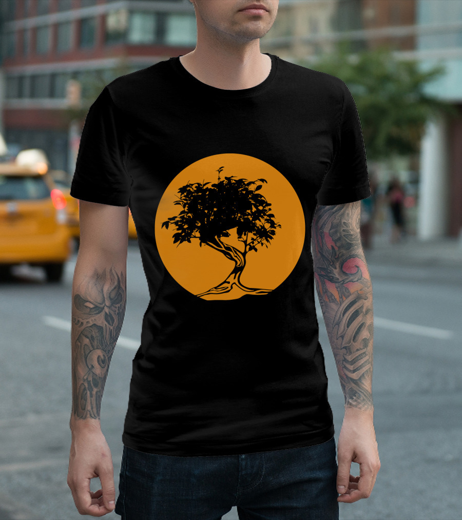 Bonsai Japan Yin Yang Monk Tree Silhouette Circle T-Shirt