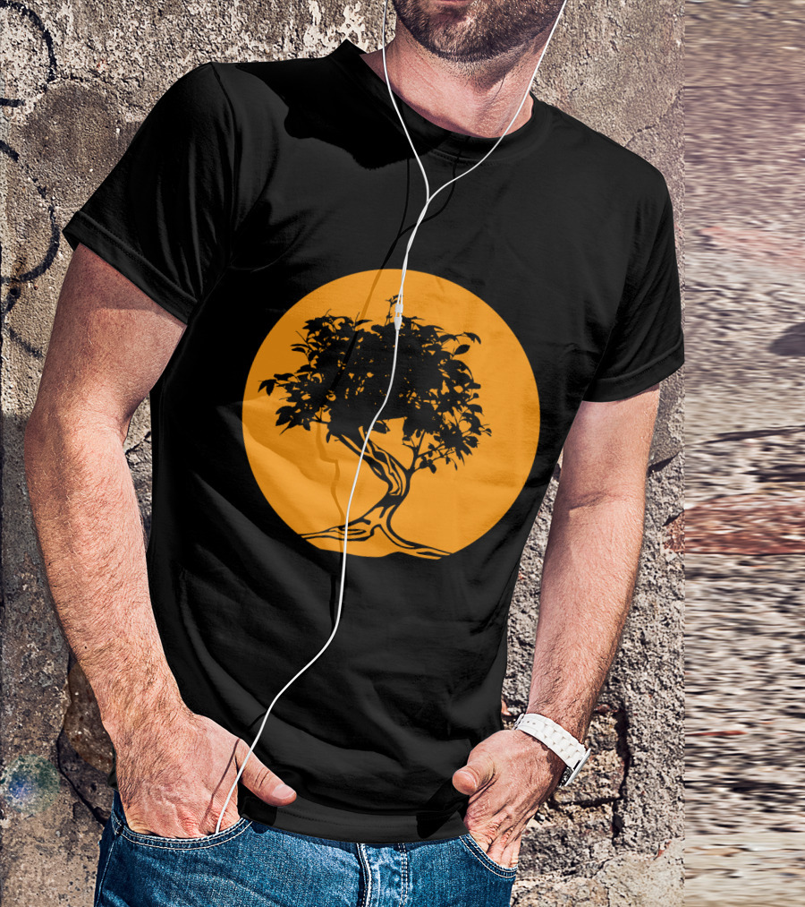 Bonsai Japan Yin Yang Monk Tree Silhouette Circle T-Shirt