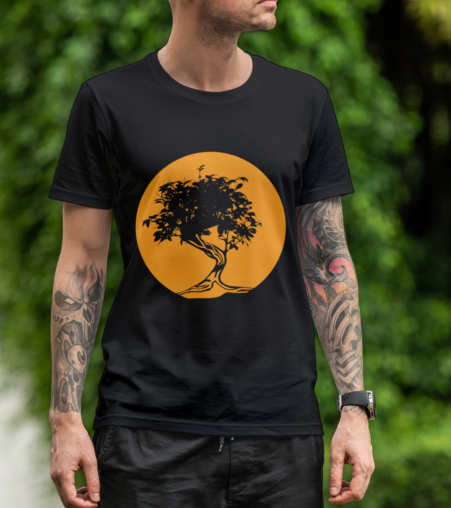 Bonsai Japan Yin Yang Monk Tree Silhouette Circle T-Shirt