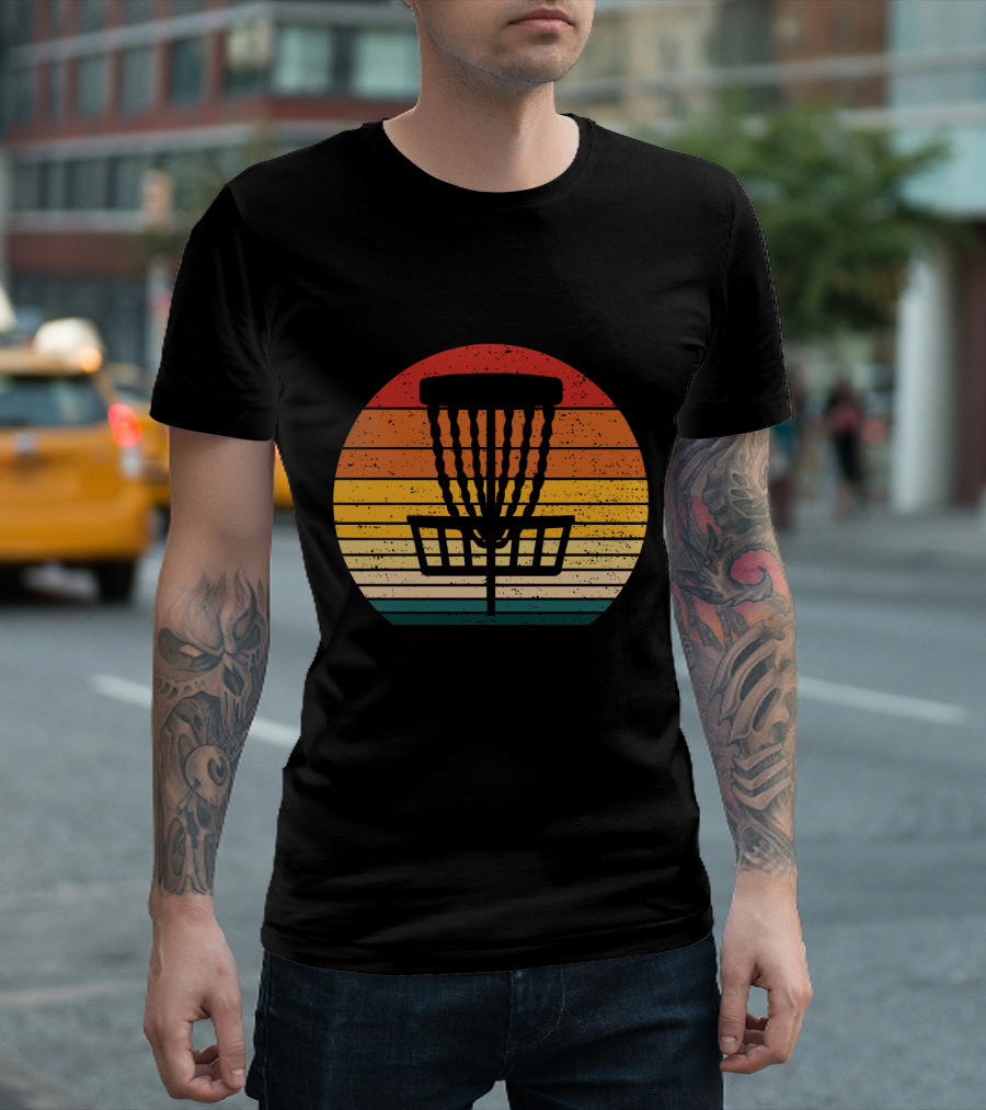 Retro Disc Golf Basket Sunset Stripes T-Shirt