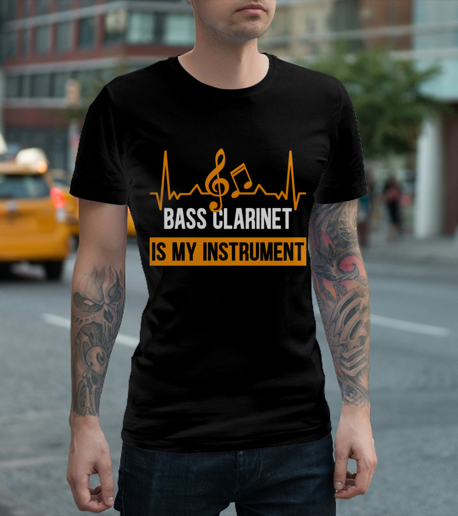 Bass Clarinet Is My Instrument With Musical Symbols And Heartbeat Lines T-Shirt